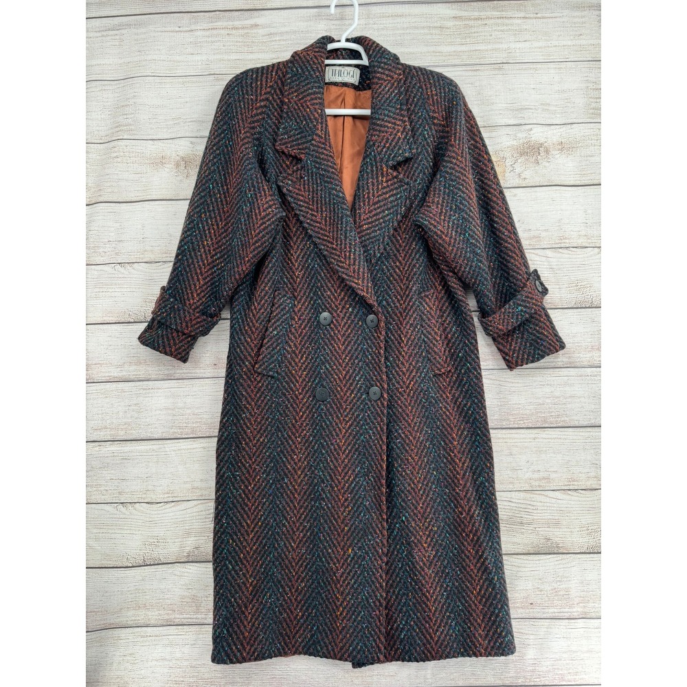 Vintage Trilogy Wool Blend Coat Women L Multicolor Herringbone Double Breasted